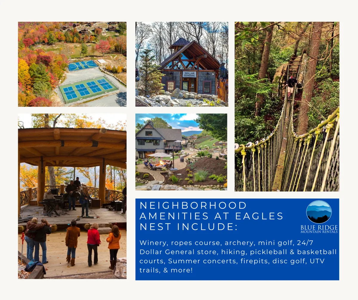 A lively outdoor scene featuring tennis courts, a wooden deck with musicians performing, a hiking bridge, and a wooden structure. People are enjoying various activities like live music, hiking, mini-golf, archery, pickleball, and gathering around a firepit, all set against a backdrop of greenery and clear skies.